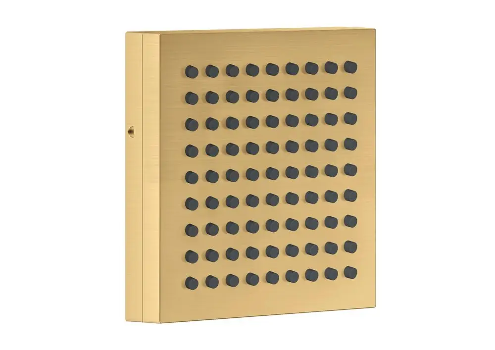Axor Duschpaneel in Goldoptik mit schwarzem Duschkopf, bestehend aus 11 x 11 angeordneten Düsen zur Wasserabgabe. Klar strukturierte Oberfläche ohne zusätzliche Dekoration.